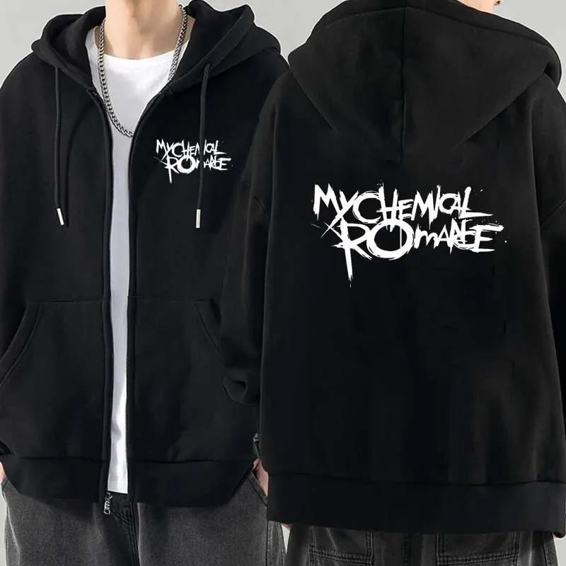 Mens Oversized Graphic Hoodie Zip-Up Sweatshirt My Chemical Romance Band Print Casual Long Sleeve Pullover