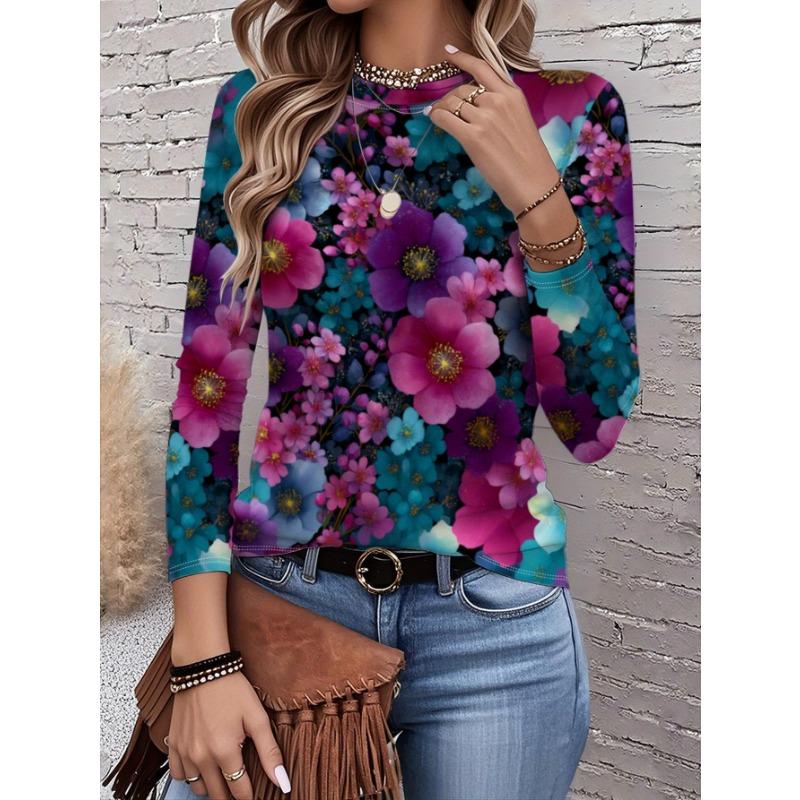 2026 New Women's Fashionable Long-Sleeved T-Shirt with Retro Floral Pattern, Perfect for Everyday Wear and Stylish Outfits