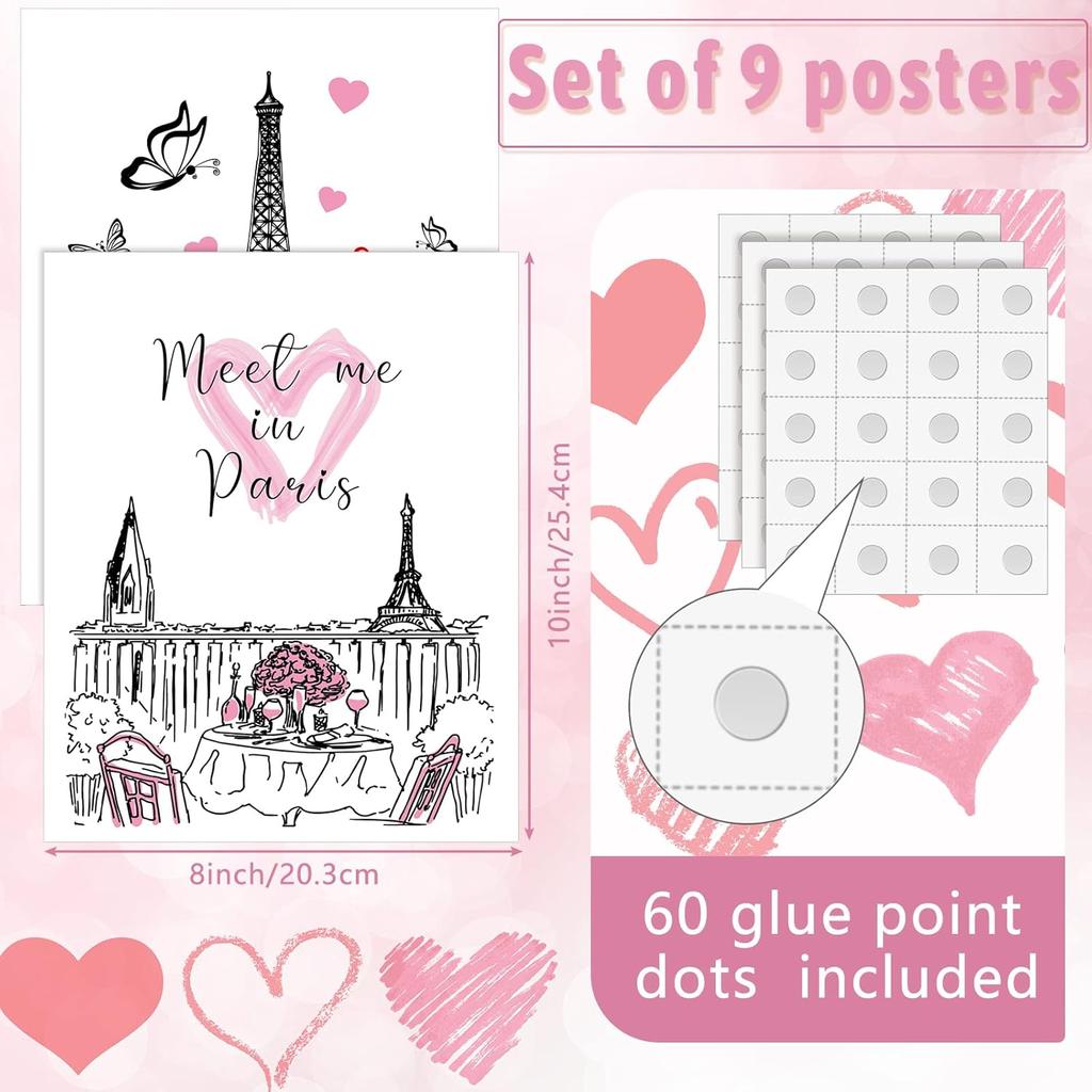 Spakon 9 Pieces Paris Bathroom Decor Paris Theme Wall Art Room Decor Romantic Pink Eiffel Tower Wall Art Bedroom Pictures