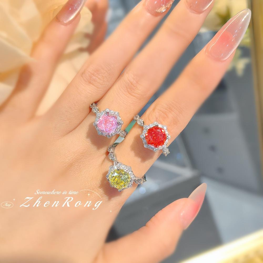 Trendy Light Luxury Octagon Pink Diamond Ring Women Simple Versatile Fanta Color High Carbon Yellow Zirconia Engagement Ring