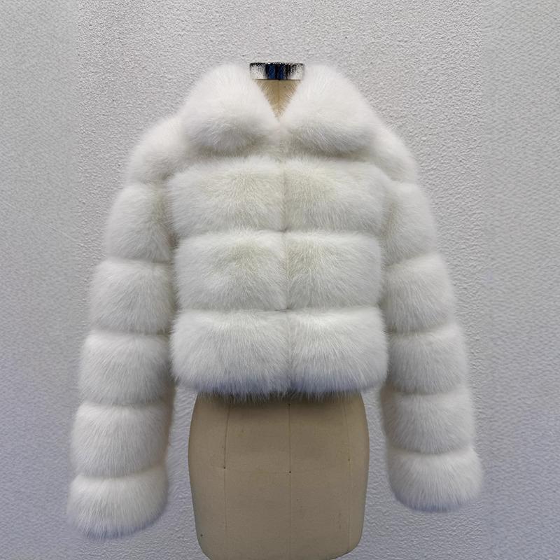 S-6X Short Imitation Fox Fur Jacket Women's Winter New Fashion Artificial Fur Splicing Crew Neck Coat