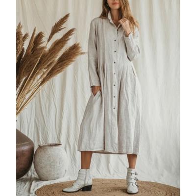 Summer Cotton Linen Long Dress Shirt Collar Twist Button Casual Dress
