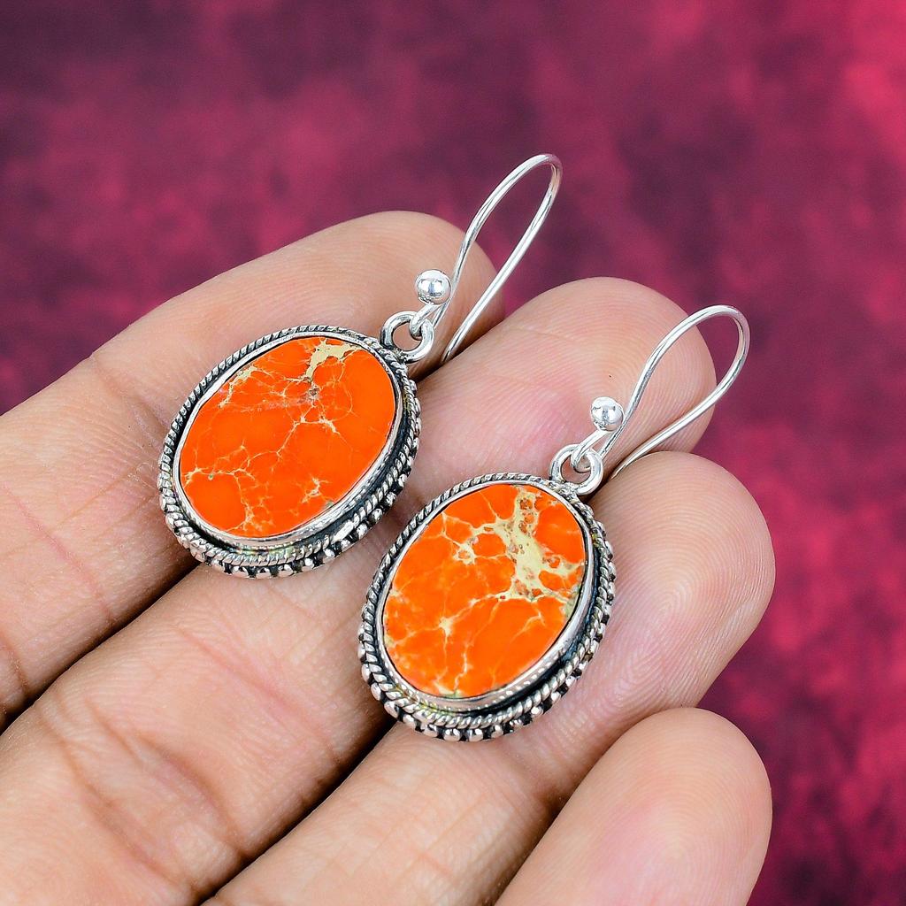 Orange Sea Sediment 925 Solid Sterling Silver Earrings, Handmade Gemstone Earrings Jewelry, Gifts For Wife Brand New Earrings