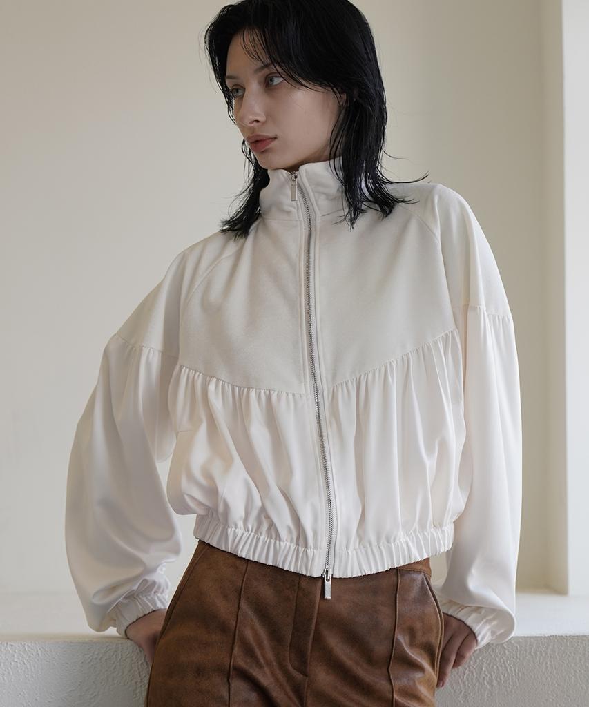 320Showroom Velvet Yoke Satin Shirring Zip-Up Ivory