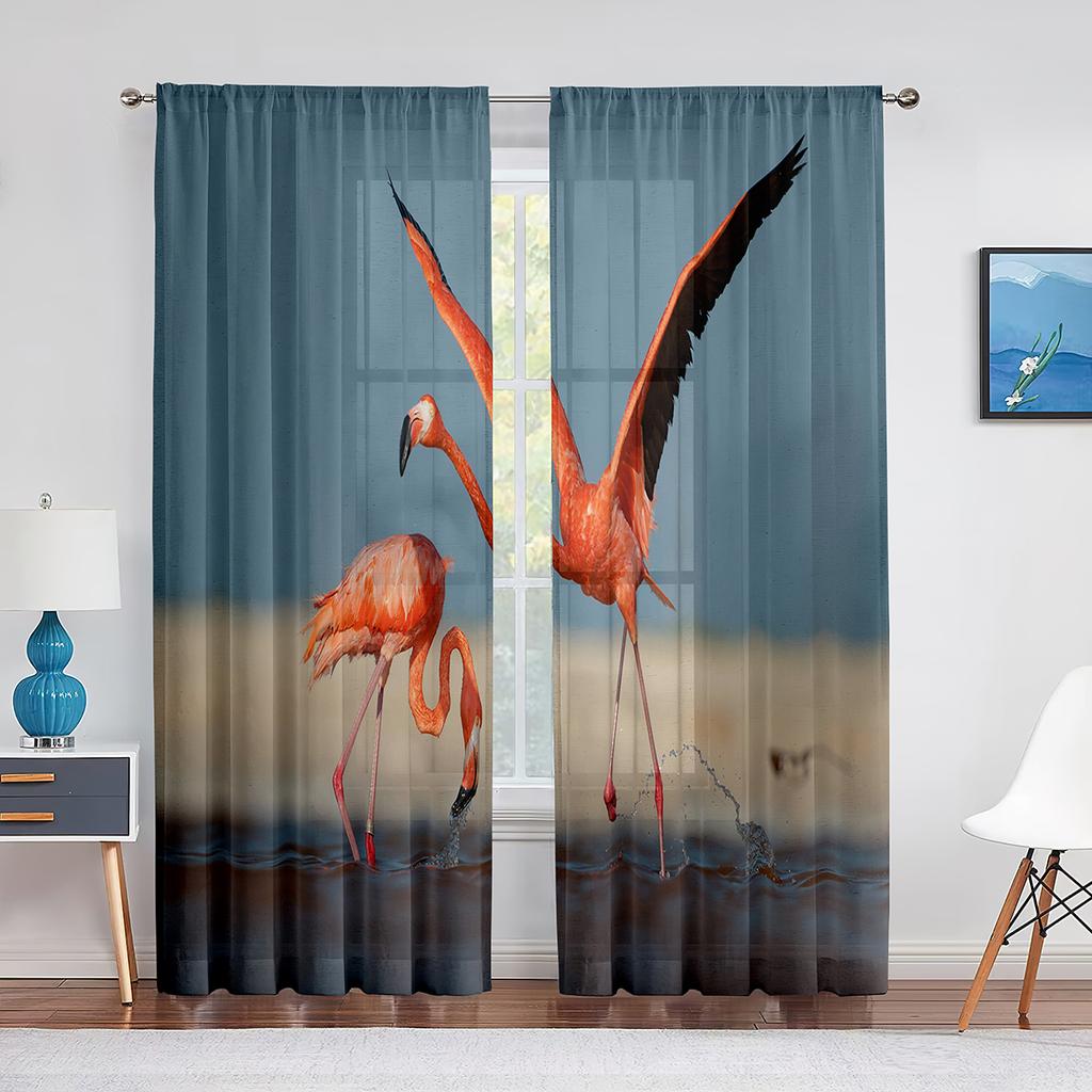 Flock Pink Flamingos In The Water Sheer Voile Curtains for Living Room Bedroom Kitchen Window Drapes Chiffon Tulle Curtain Decor