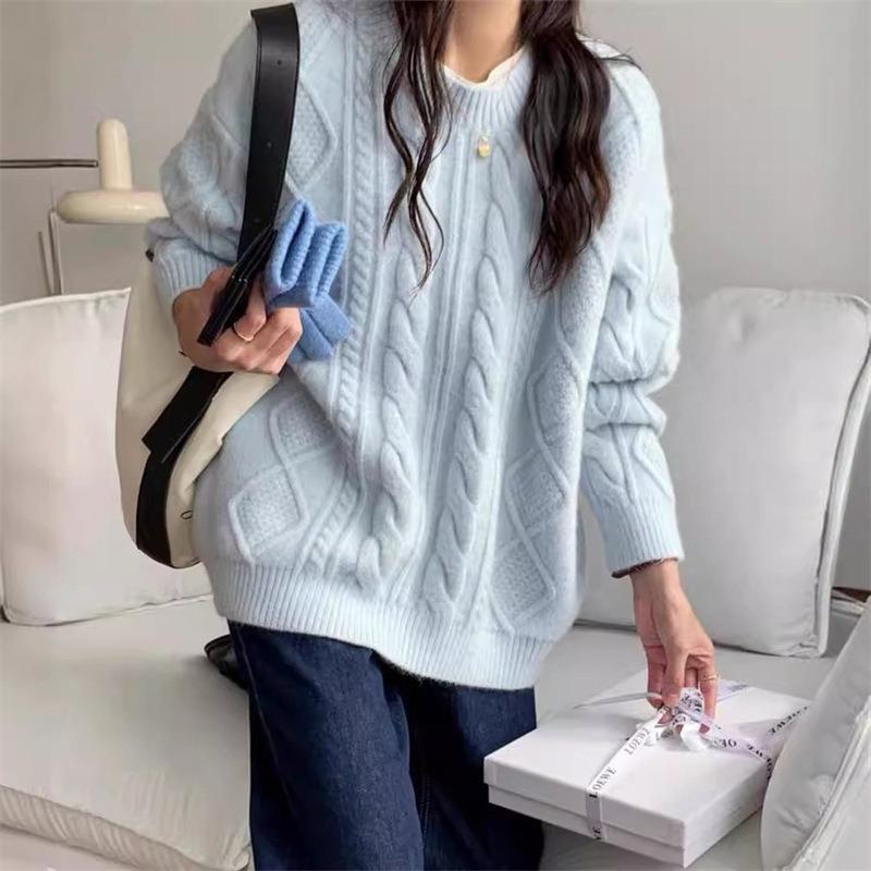 Gentle wind soft waxy twist pullover sweater women's autumn and winter new loose versatile crew neck knitted sweater lazy top women