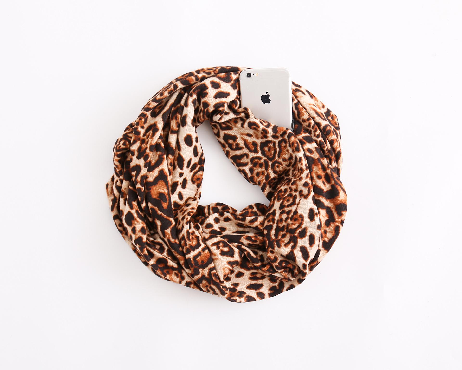Leopard Print Infinity Scarf With Zipper Pocket Fashion Accessory 80100cm коричневый