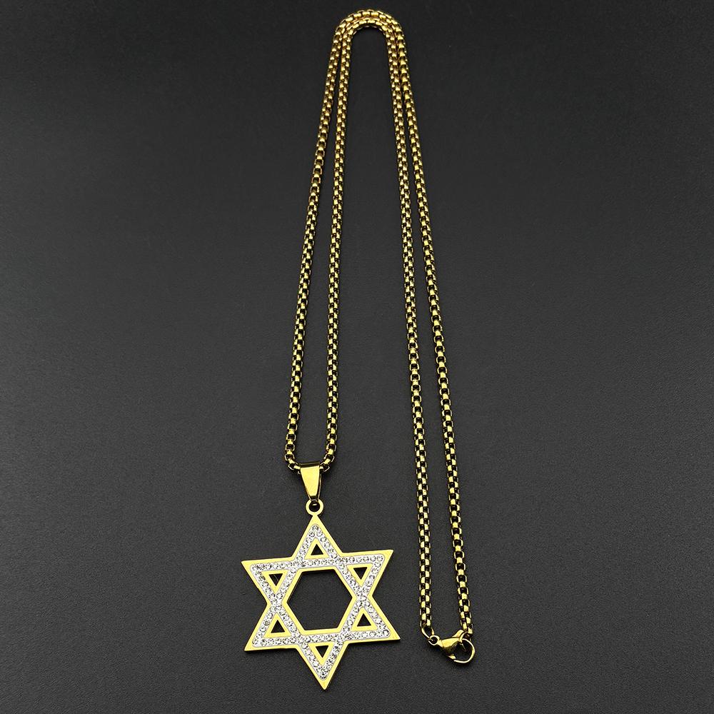 Israel Hexagram Je Magen David Edelstahl Anhänger Halskette für Damen Herren Davidstern Strasssteine Kette Schmuck