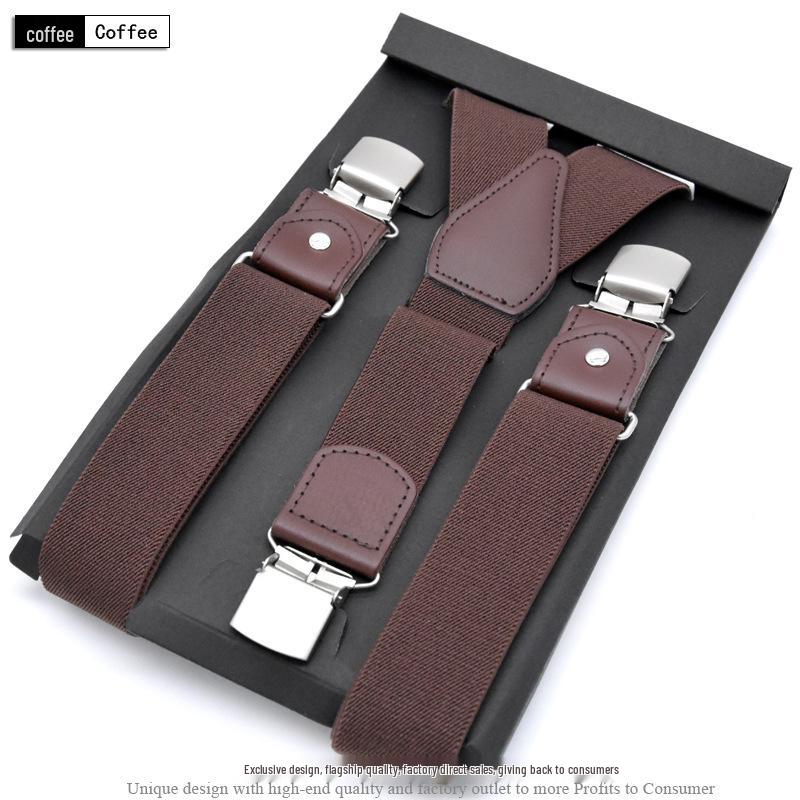 European-Style Plaid Suspenders with Leather Accents and Three-Clip Design