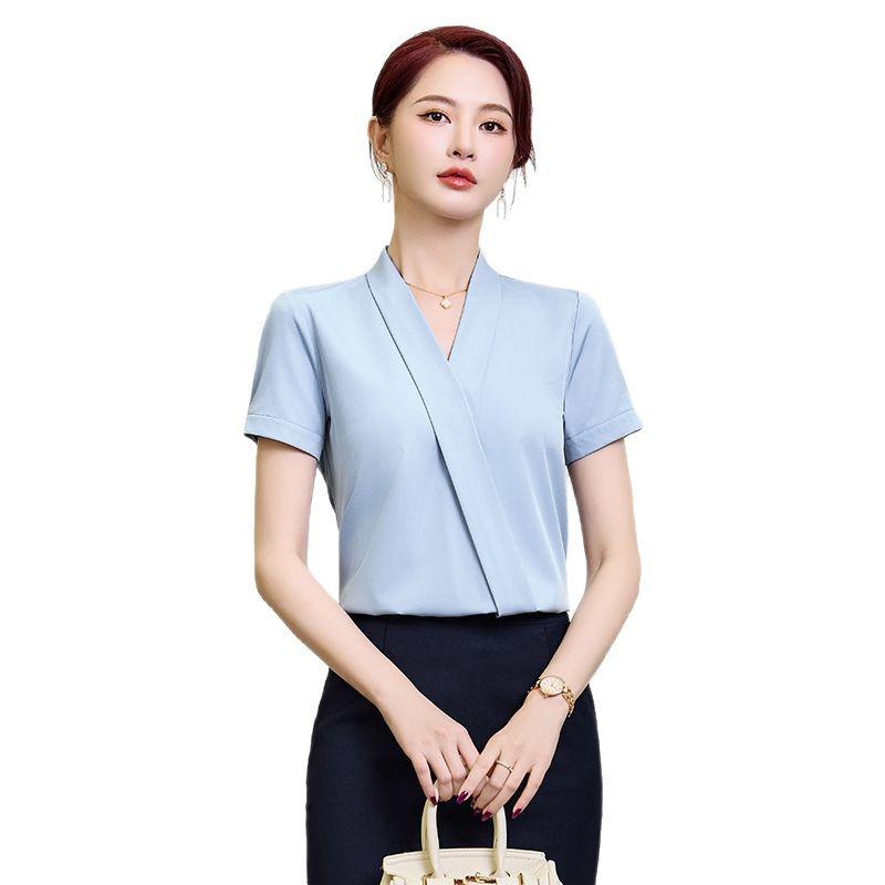 Women's Blue V-Neck Short-Sleeve Blouse - 2025 Summer Professional Wear