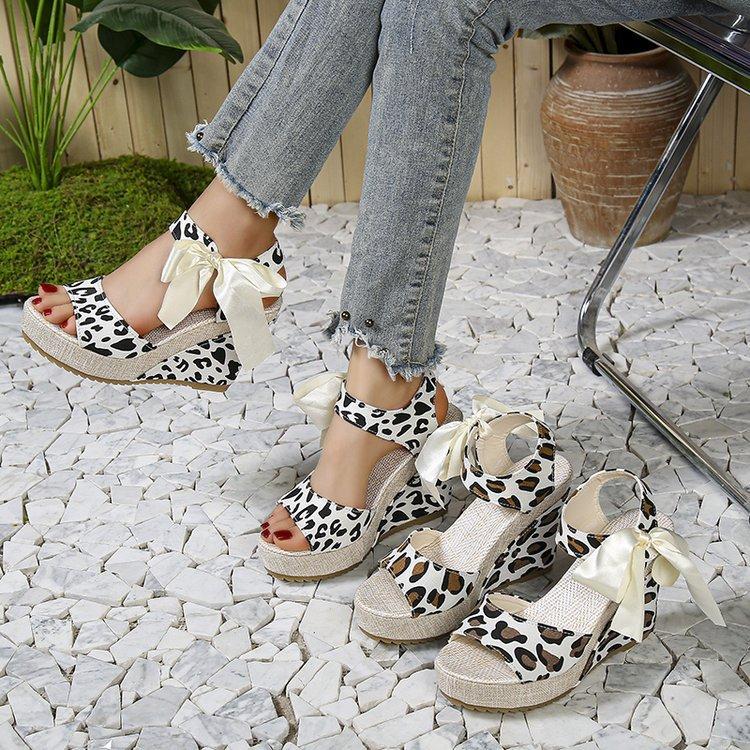 Large Size Leopard Print Wedge Sandals Summer New European and American Bow Round Head Height Increase Women's Shoes