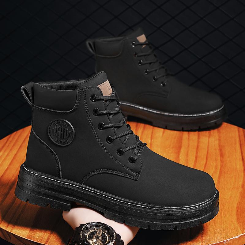 Casual High-Top Men's Boots Waterproof Black Boots Trendy Shoes British Style Round Toe Rubber Outsole PU Leather Upper