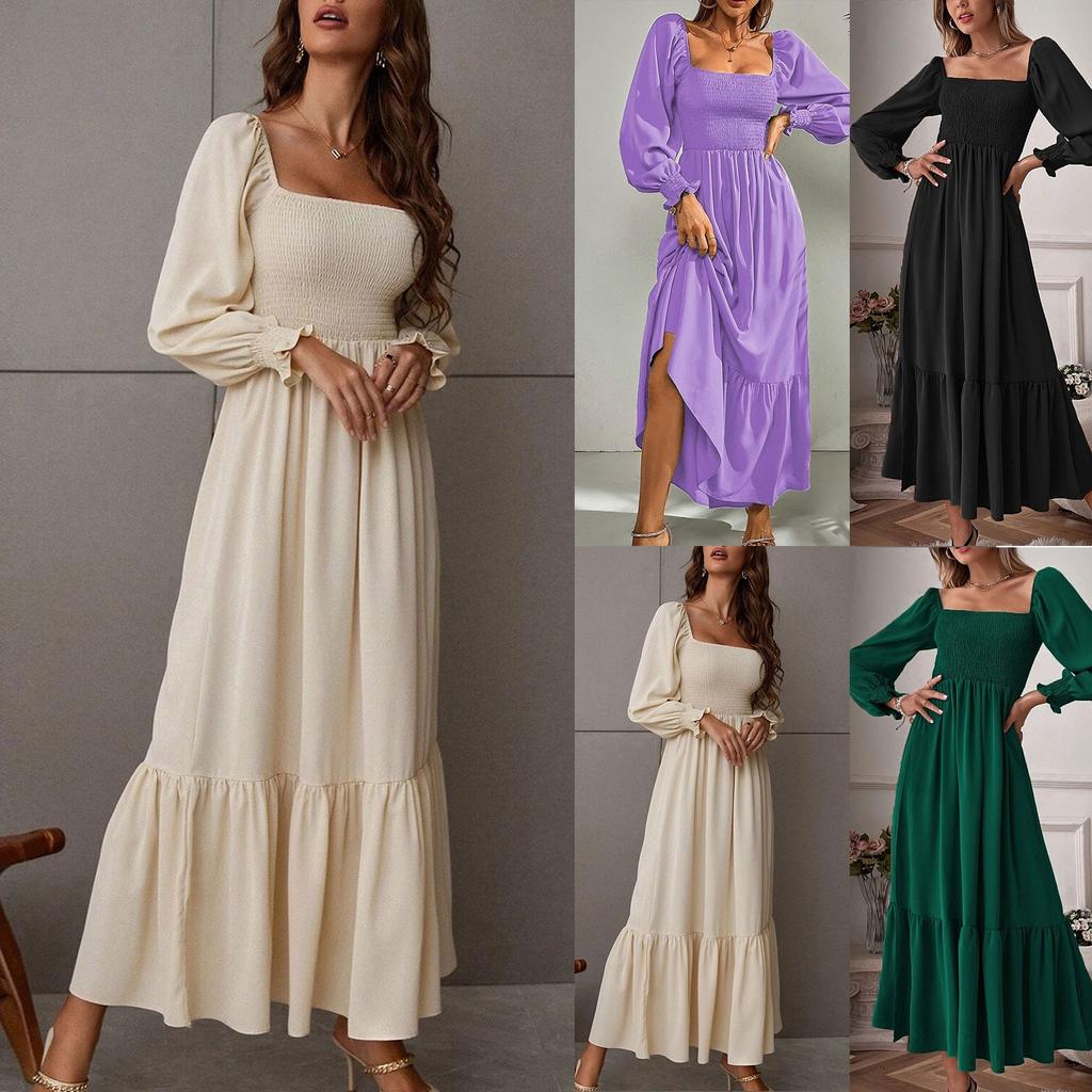 Moda Pullover da Donna Scollo Quadrato Maniche Lunghe Volant Vita Alta Aderente Abito