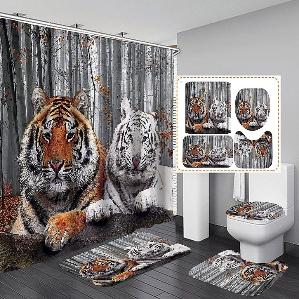 Moon Leopard Cheetah Shower Curtain Sets Bathroom Decor Set Animals Bathroom Shower Curtain And Bathroom Accessories Waterproof