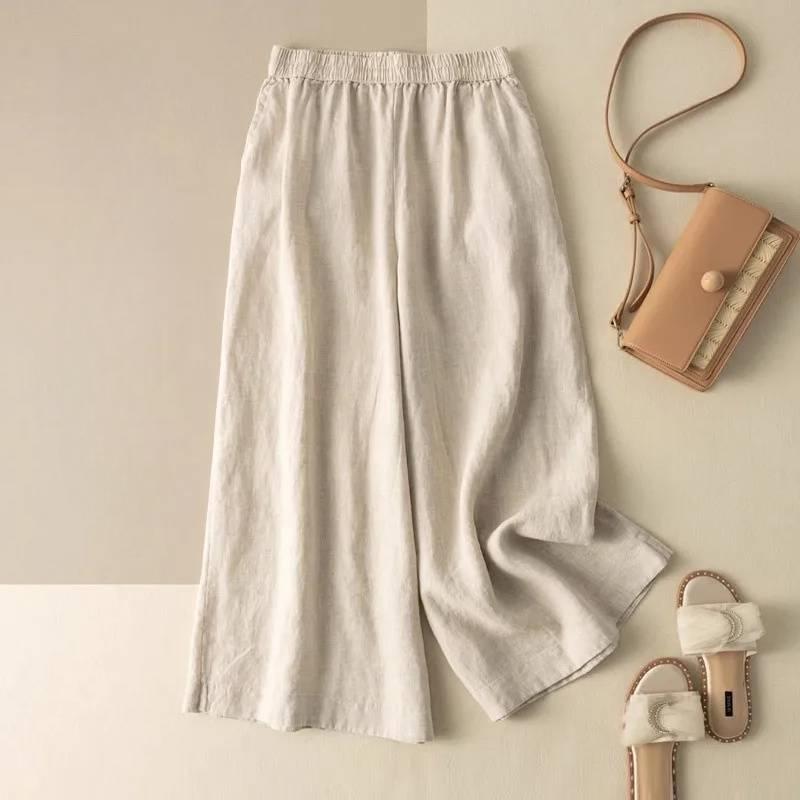 

Женские тонкие летние повседневные брюки из хлопка и льна большого размера с эластичной талией и широкими штанинами свободного кроя XXXL розовый