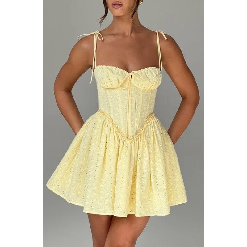 

Женские однотонные мини-платья с оборками для выпускного вечера, пикантное женское вечернее платье-баллон на подтяжках, женское классическое платье на день рождения в стиле Золушки с завышенной талией L жёлтый