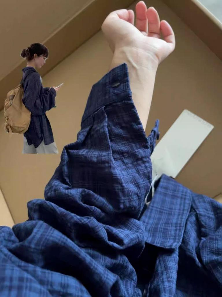 Women's French Retro Dark Blue Plaid Long Sleeve Shirt - Loose, Versatile, Sun Protection, Spring/Summer Style