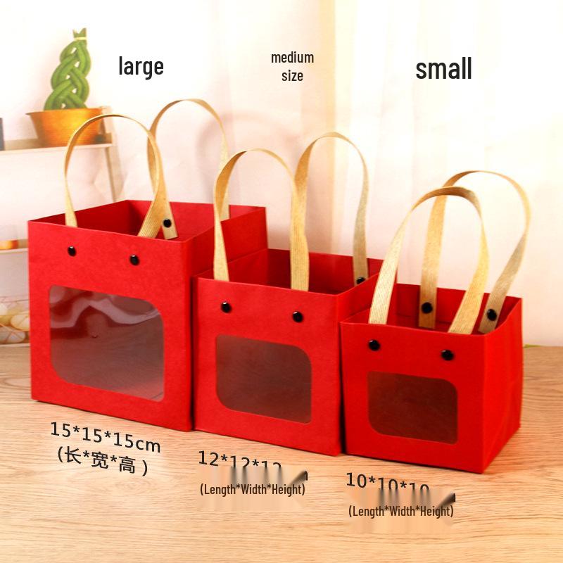 Small Qixi Gift Bag with Smiley Face, Kraft Paper, Square Window for Flowers