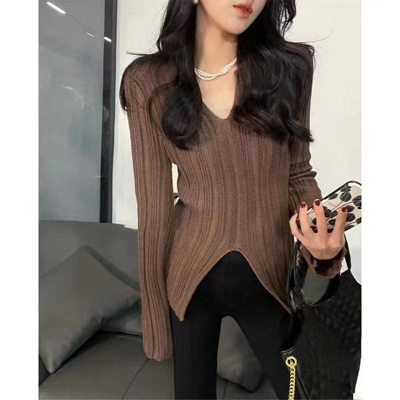 

Элегантный женский вязаный топ с V-образным вырезом и длинными рукавами, облегающий, модный пуловер-свитер, полый, осенний, в корейском стиле, повседневный вязаный джемпер One Size кофейный