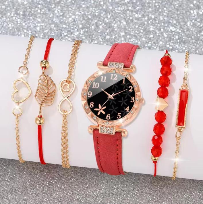 New Ladies Diamond Dial Belt Quartz Watch Beaded Bracelet Set 6Pcsset Chronograph Watch