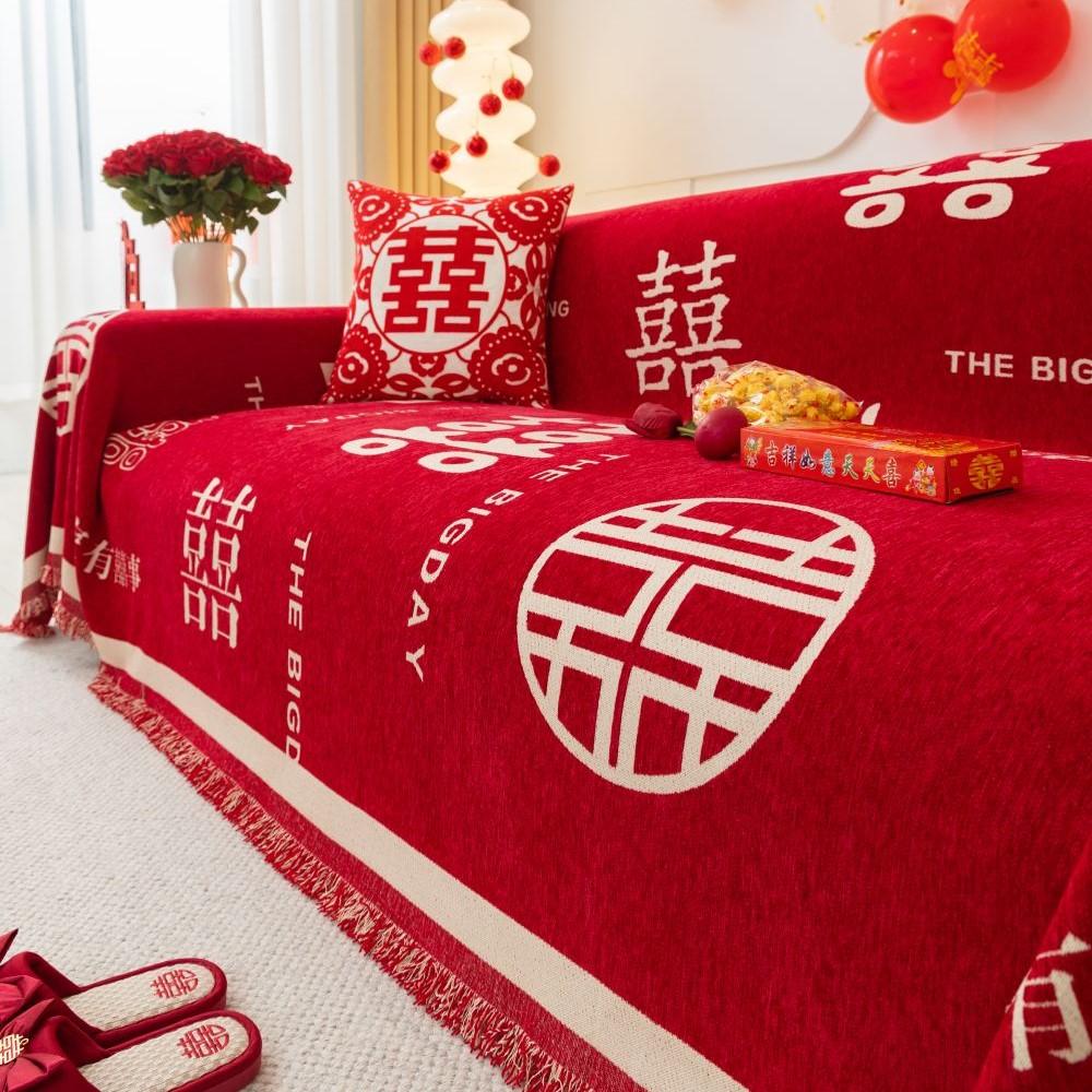 Chinese Wedding Sofa Cushion Cover Double Side Couch Cover Sofa Slipcover Universal Jubilant Anti-cat Sofa Cover 1.2.3.4 Seat