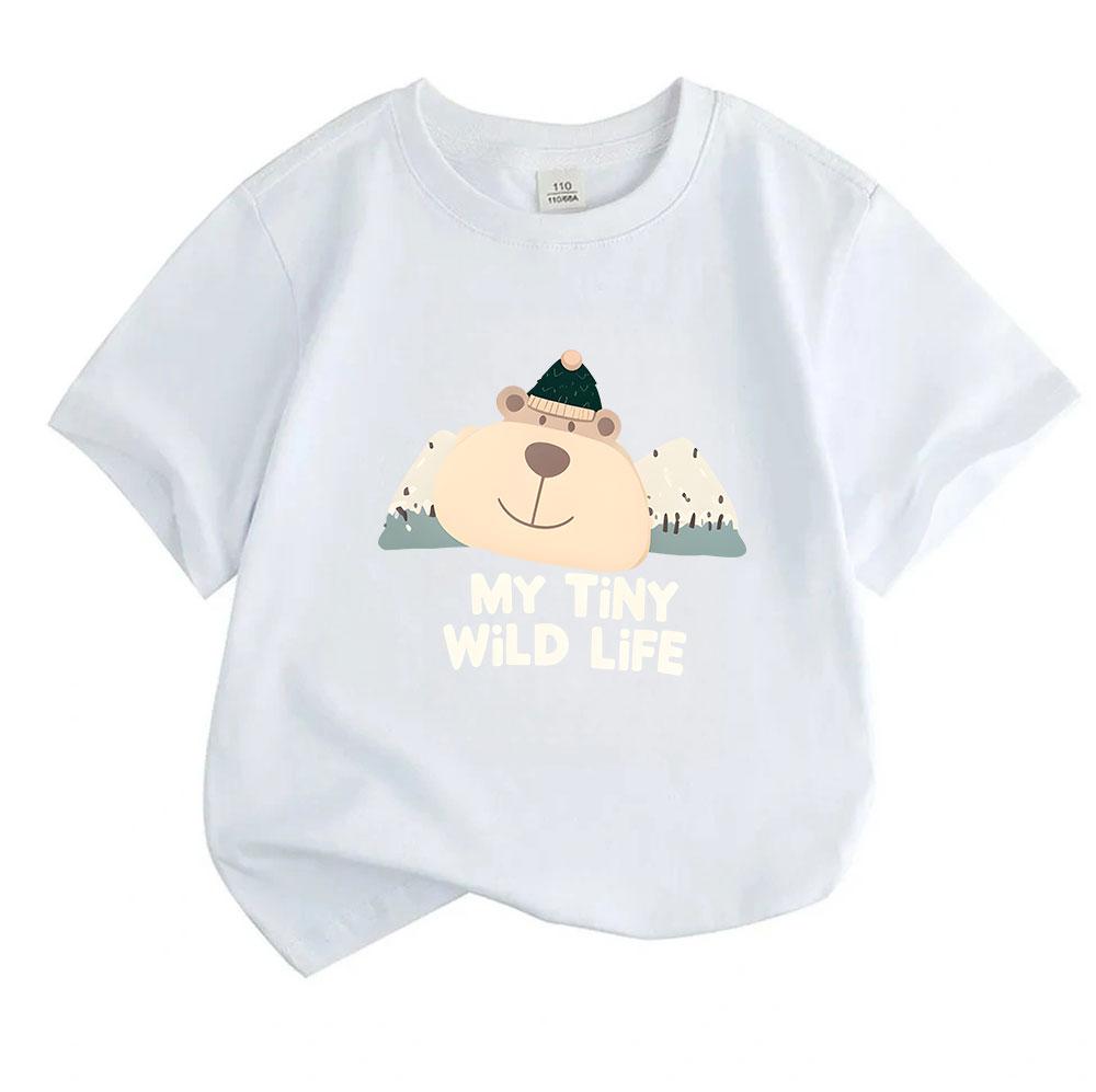 Toddler Kids Boys Girls 100% Cotton Crew Neck Short Sleeve T-Shirt, Cute Cartoon Bear My Tiny Wild Life Print Casual Soft Breathable Summer Tee for Li