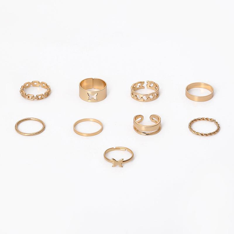 Fashion Hollow Butterfly Joint Ring Chain Open Double Layer 9-Piece Set Ring Women