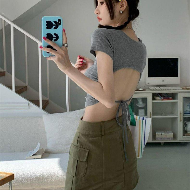 (Modal X Gram Human Cotton) Crew Neck Short-sleeved T-shirt Backless Strap Tight Short Top Trendy