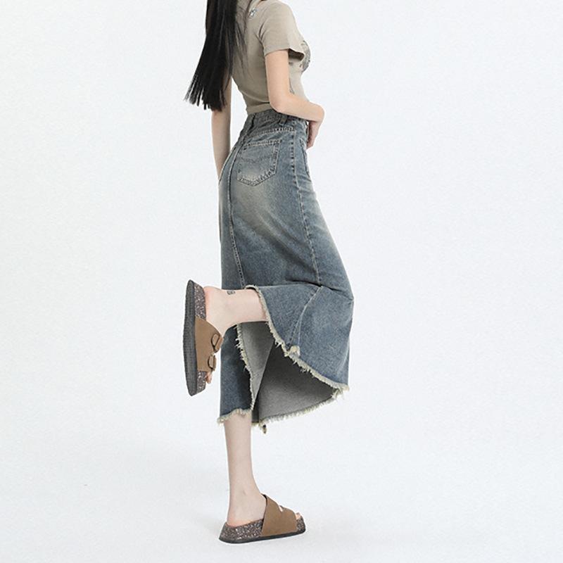 Fransenbesetzter Fishtail-Jeansrock Frühling und Sommer Neu Dünner High-Waist Casual Midi-Rock