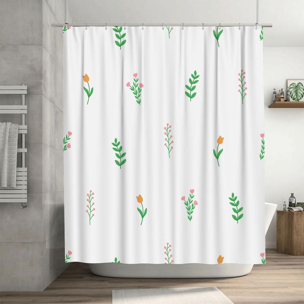 Delightful Floral Shower Curtain Waterproof Fabric with Fresh Green Leaves Pink Flowers for Bath Decorations