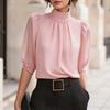Women's High Neck Mesh Blouse with Puff Sleeves and Three-Quarter Length Sleeves