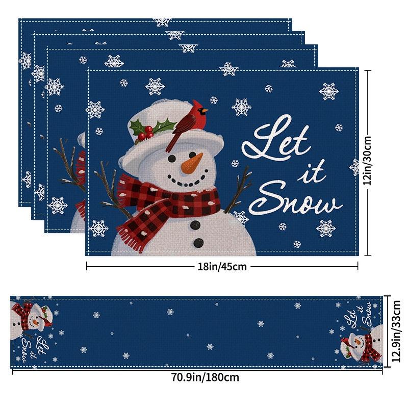 5Pcs Christmas Buffalo Plaid Placemats And Table Runner Set Cute Snowman Print Heat Resistant For Christmas Decoration