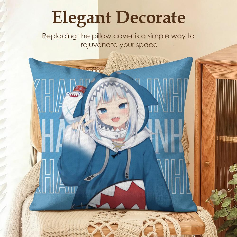 Cute GGawr Gura Cushion Cover Natural Linen Organic Fabric DoubleSided Printing Sofa Home Decor Gift Pillow Case