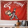 Pixelated character with a guitar on a red background and bold text. Patterned tapestry for bedroom and living room home decor