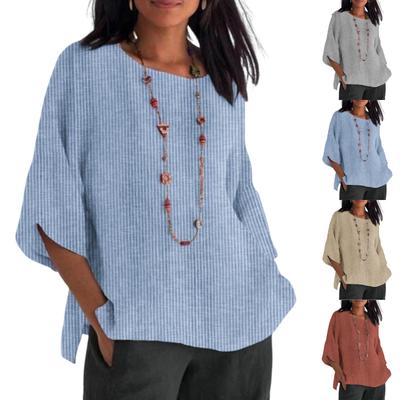 Ladies Fashion Round Neck Cotton Linen Solid Color Loose Top T-shirt