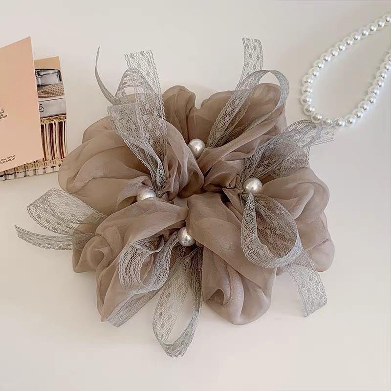 Korean Style Pink Chiffon Lace Pearl Scrunchie Oversized Gentle Hair Tie for Women