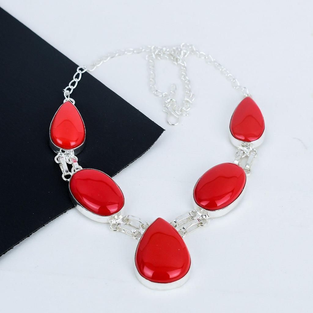 Natural Red Coral Gemstone Handmade 925 Sterling Silver Necklace, Red Coral Silver Necklace For Wife, Unisex Necklace Wadding Gift