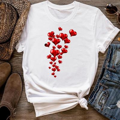 (Asian Size) Women Print Tee Sweet Style Sweet Love Heart  Top Fashion T Shirt Woman Female T Clothing Short Sleeve Graphic T-shirts