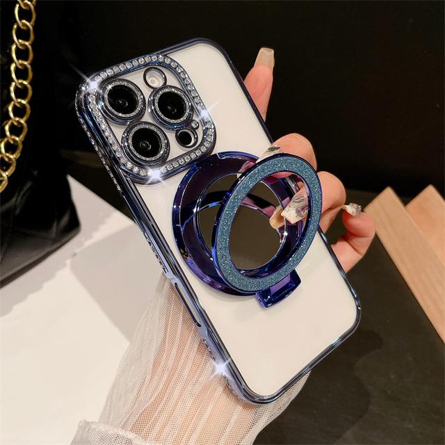 For iPhone 16 Pro Max Luxury Glitter Holder Stand Plating Frame Phone Case For iPhone 11 12 13 14 15 16 Plus Flash Diamond Cover