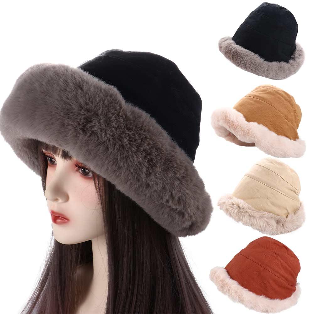 For Girl Winter Warm Wide Brim Large Korean Style Beanies Plush Bucket  Hat Women Hat Woolen