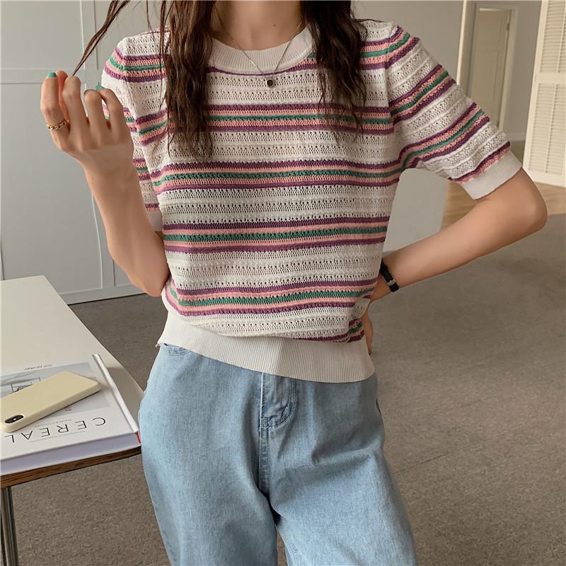 

Многослойный круглый вырез горловины с короткими рукавами трикотажная рубашка Летний дизайн Sense Niche Топы Повседневные базовые удобства и стиль Приталенные свитера Футболки One Size белый