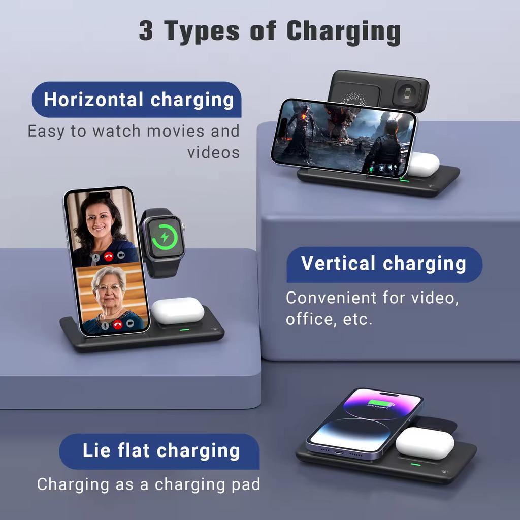 High Quality 15W Foldable Strong Magnetic 3-in-1 Fast Charging Wireless Charger with Holder Stable for iPhone 15 Pro Max 16