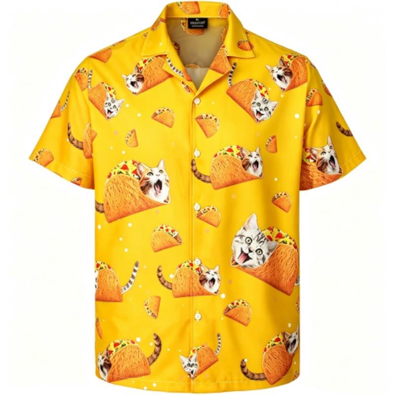 Summer Fashion Beer Hamburger Cat Printing Shirt Hawaiian Beach Vacation Clothing Men's Street Style Shirt Daily Men's and Women's Shirt