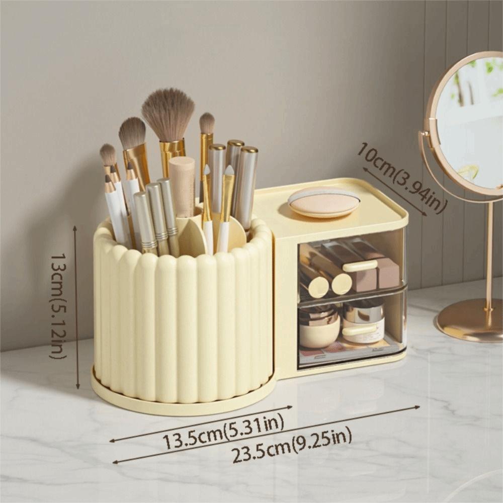 2 Drawers Makeup Brush Holder Large Capacity Desk Organizer Rotating Organizer  Stationery Storage