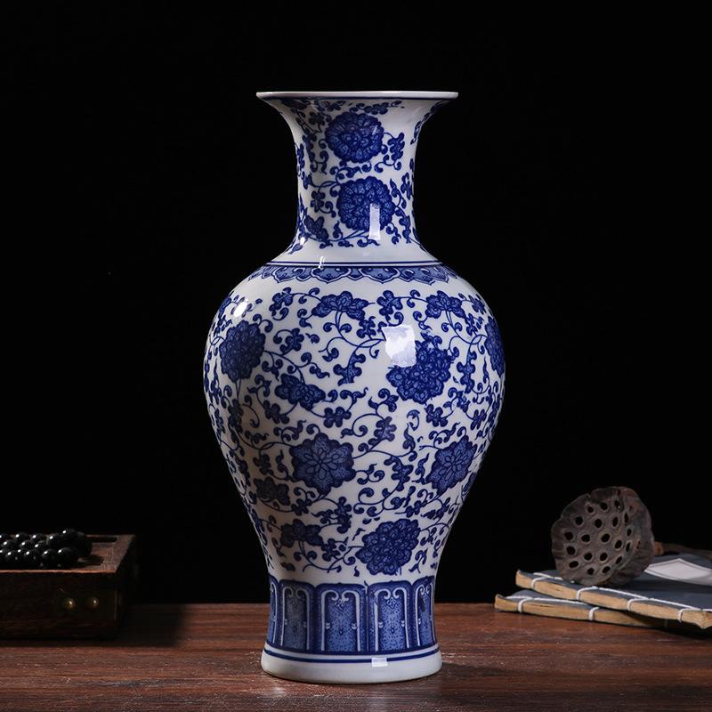 

33cm/Jingdezhen Ceramic Vase Chinese Blue and White Porcelain Antique Living Room Home Flower Arrangement Vase Home Decoration O