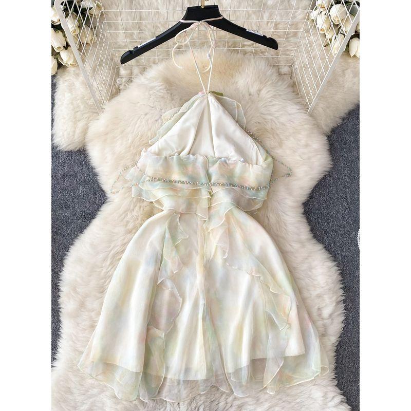 Retro Atmosphere Mesh Fairy Dress Halter Spaghetti Straps