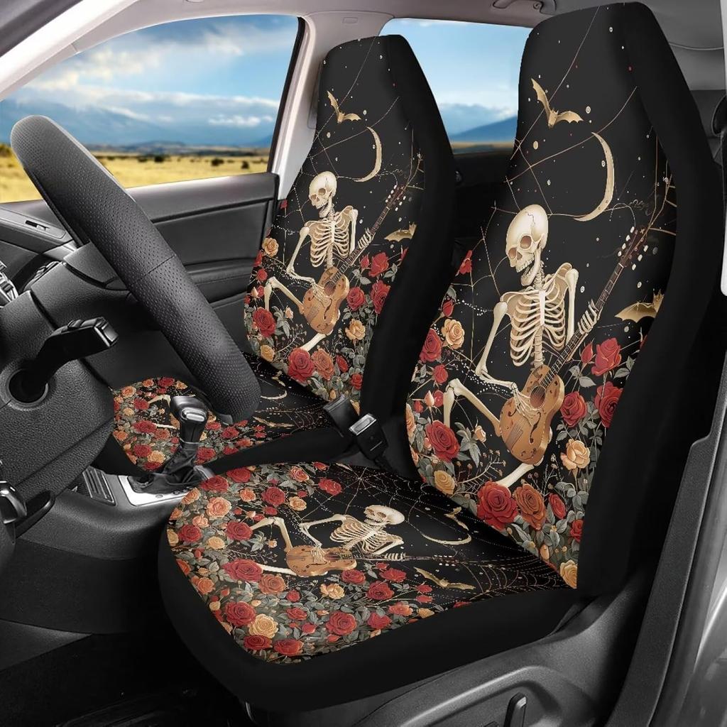 Bulopur Cute Black Gray Skull Set of 2 Car Seat Covers Universal Auto Front Seats Protector Fits for Car,SUV Sedan,Truck
