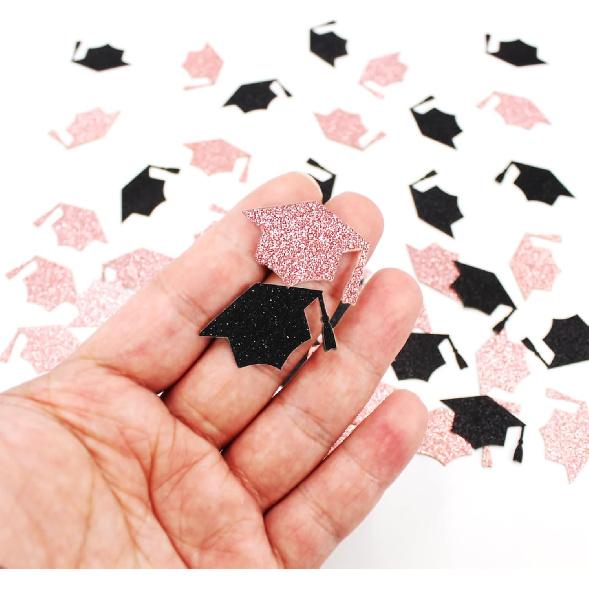 200PC Black Rose Gold Grad Cap Graduation Confetti for Table Glitter Graduation Hat Table Scatter for Class of 2026 Grad Party Decorations