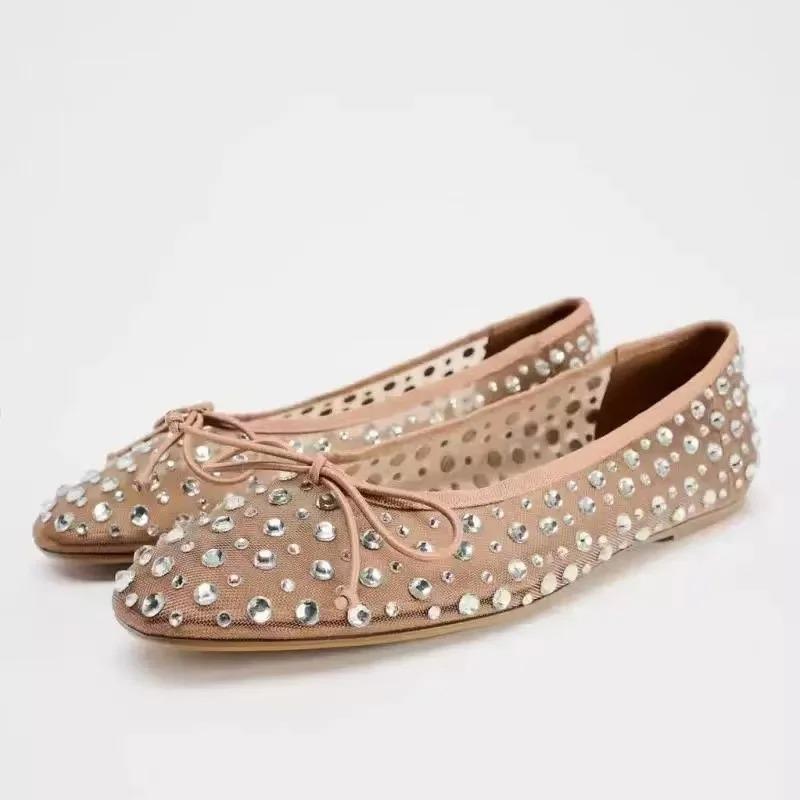 Luxury Rhinestone Mesh Ballet Flats Women Sweet Bow Round Toe Mary Jane Flats Elegant Fashion Dress Shoes Zapatos Para Mujer 35 бежевый