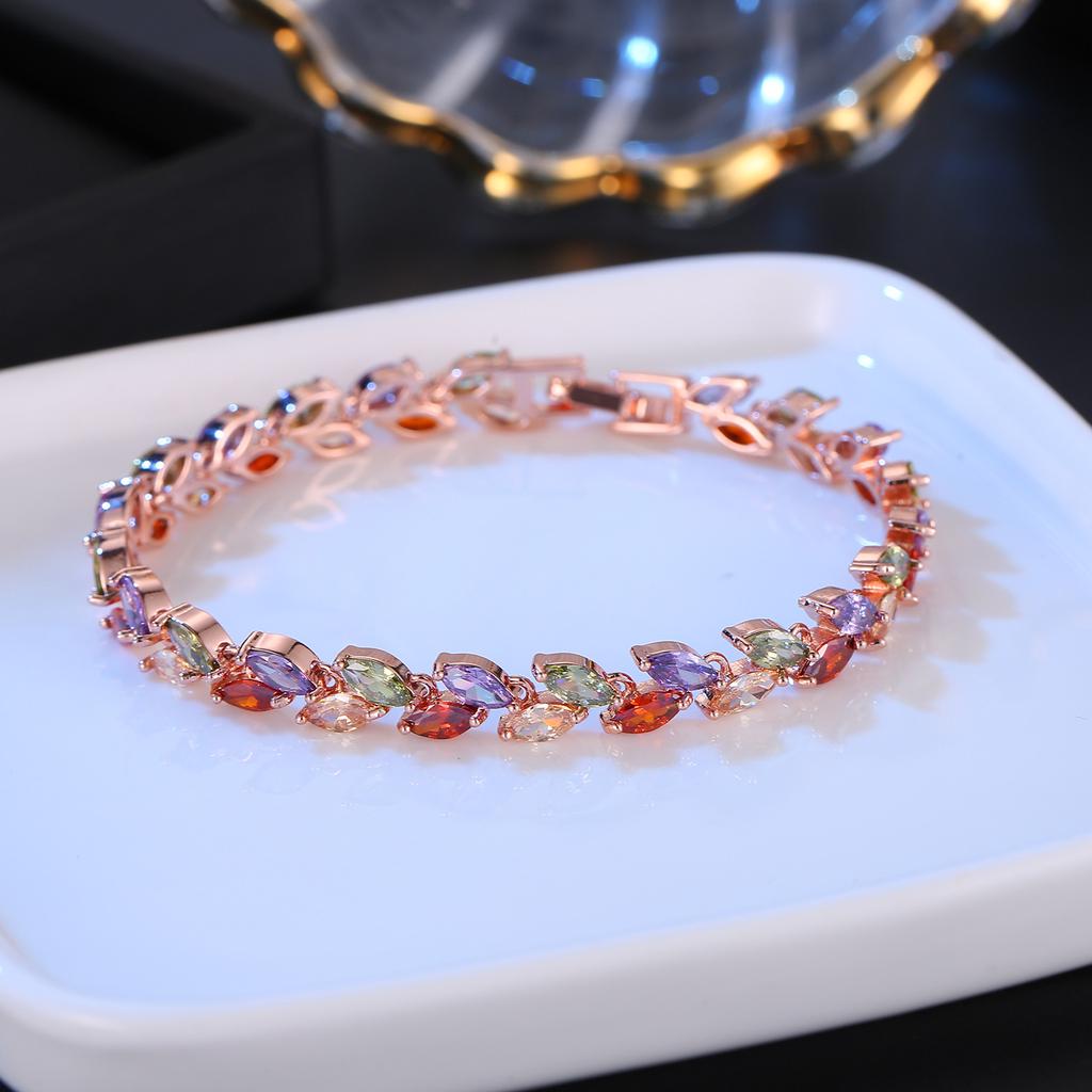 2026 European and American style jewelry, colorful rainbow, colorful zircon rice grain bracelet, forget worry grass element